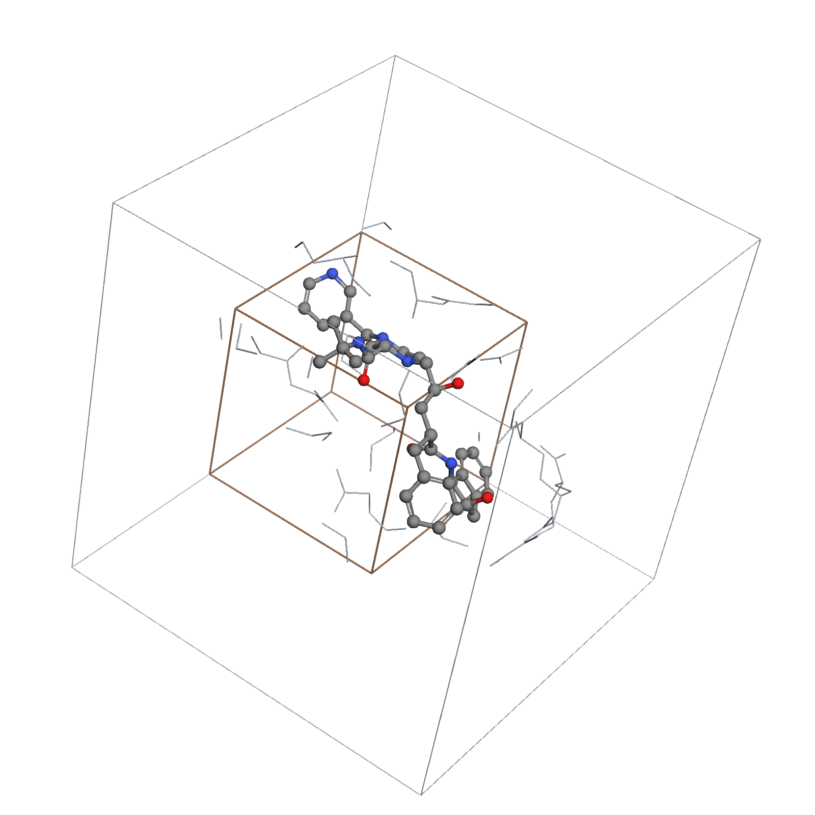 The fixed MK1 ligand and grey protein pocket atoms within the grid bounds. The ochre twelve-angstrom cube marks region A in the lower x, y and z halves.