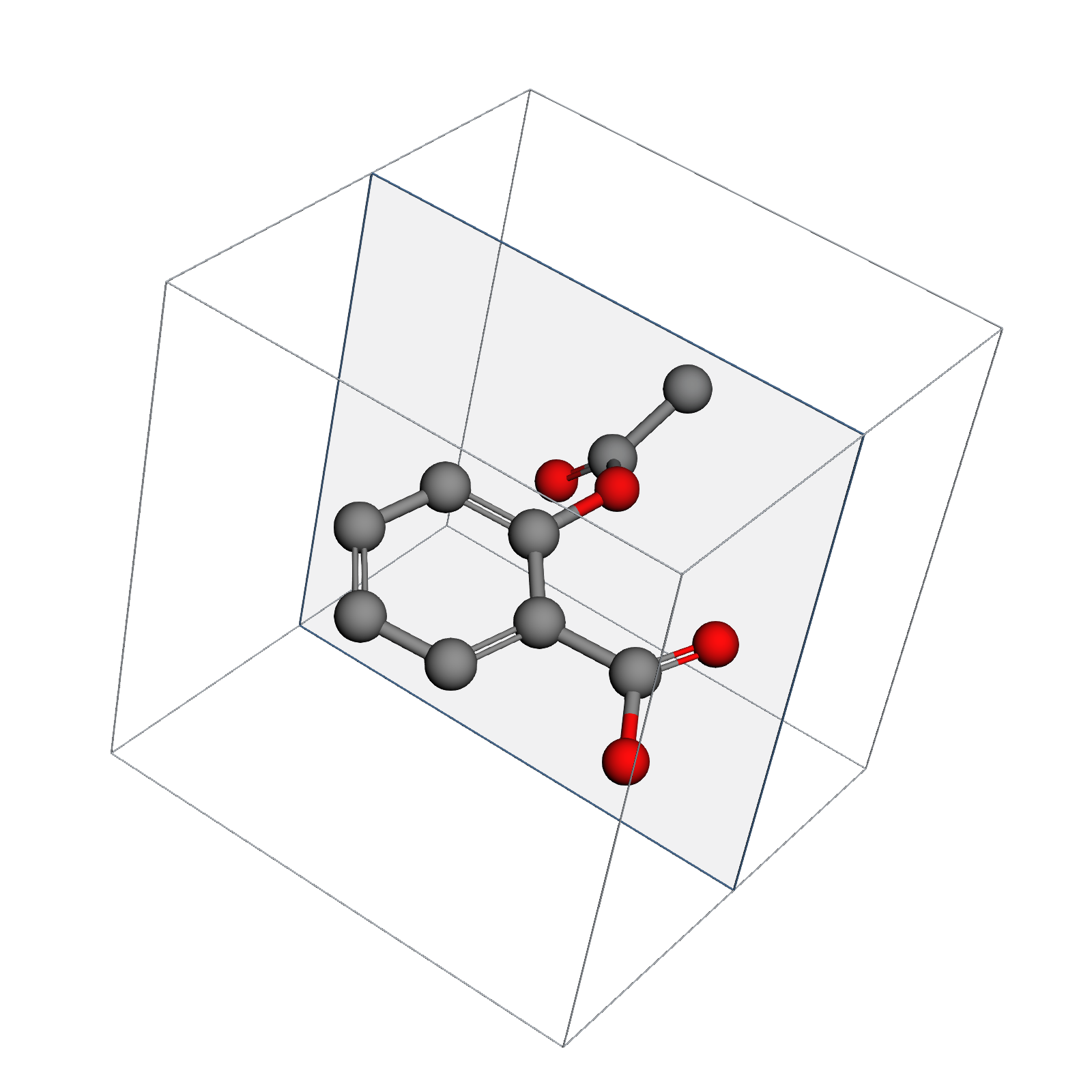 An aspirin conformer inside an eight-angstrom field, with its z = 3.02 angstrom cross-section marked in blue.